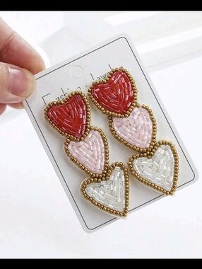 SHEIN Gold Beaded Triple Heart Dangle Statement Earrings - Red/Pink/White
